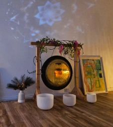 Gong and crystal bowls prepared for a sound healing session at The Reset Room Glasgow