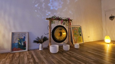Sound bath space prepared for relaxation and healing at The Reset Room Glasgow